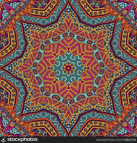 Tribal indian flower ethnic seamless design. Festive colorful Sun Star mandala pattern ornament.. Colorful Tribal Sun Mandala Ethnic Festive Abstract Floral Vector Pattern
