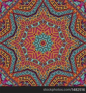 Tribal indian flower ethnic seamless design. Festive colorful Sun Star mandala pattern ornament.. Colorful Tribal Sun Mandala Ethnic Festive Abstract Floral Vector Pattern