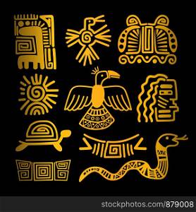 Tribal indian golden symbols on black background vector illustration. Tribal indian golden symbols