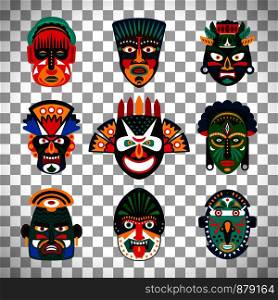 Tribal indian or african colorful masks set isolated on transparent background. Vector illustration. Tribal indian or african colorful masks