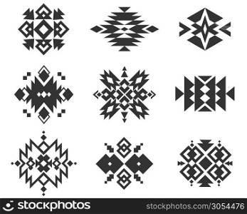 Tribal indian ornaments. Ethnic monochrome geometric patterns. Aztec, american indian and navajo traditional textile embroidery vector native style set. Tribal indian ornaments. Ethnic monochrome geometric patterns. Aztec, american indian and navajo traditional textile embroidery vector set