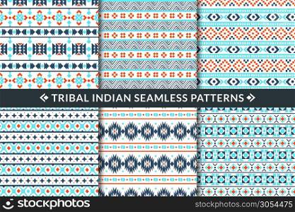 Tribal indian seamless patterns. Aztec, maya and mexican ethnic ornament geometric shapes. Trendy textile fabric, wallpaper print vector mosaic ethnical decoration set. Tribal indian seamless patterns. Aztec, maya and mexican ethnic ornament geometric shapes. Trendy textile fabric, wallpaper print vector set