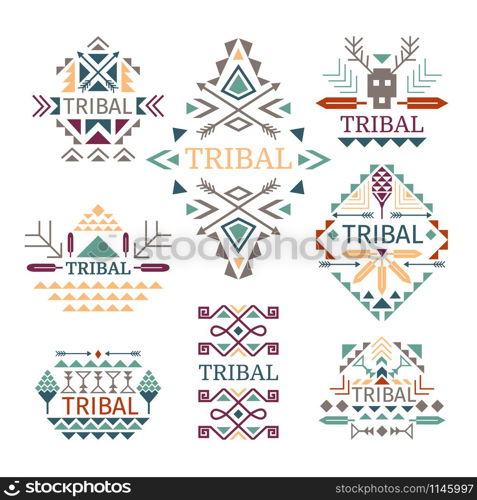 Tribal logo set. Vector colorful indian culture cotton dress designs, nativity and tribe signs isolated on white background. Tribal logo set