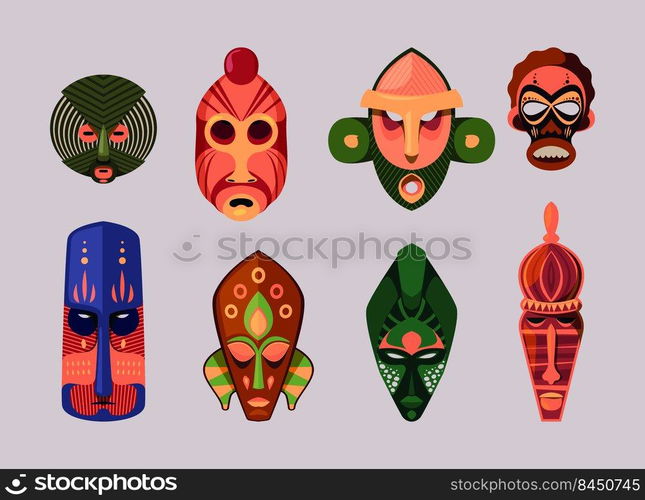 Tribal mask. African ceremony spirit ritual colored masks various emotional ethno wild faces animals garish vector flat pictures collection. Illustration of ceremonial mask, tribal ethnic. Tribal mask. African ceremony spirit ritual colored masks various emotional ethno wild faces animals garish vector flat pictures collection