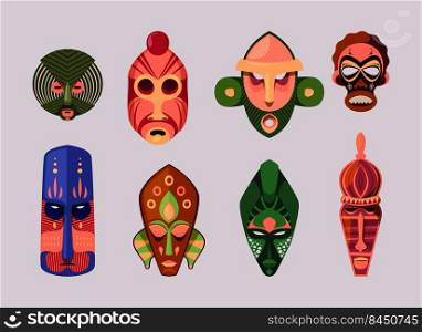 Tribal mask. African ceremony spirit ritual colored masks various emotional ethno wild faces animals garish vector flat pictures collection. Illustration of ceremonial mask, tribal ethnic. Tribal mask. African ceremony spirit ritual colored masks various emotional ethno wild faces animals garish vector flat pictures collection
