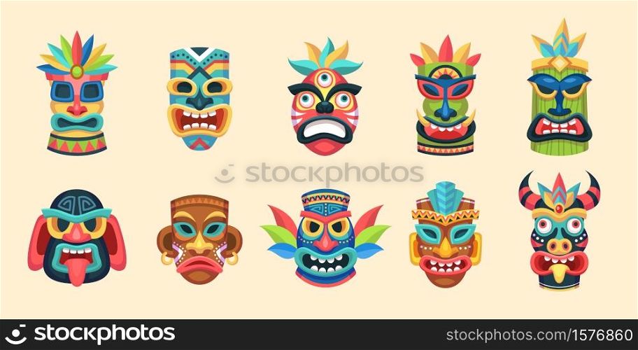 Tribal mask. Ethnic african, aztec and hawaiian ritual aboriginal face masks, traditional exotic indian wooden symbols, ancient tropical ritual totem religion idol vector colorful isolated set. Tribal mask. Ethnic african, aztec and hawaiian ritual aboriginal face masks, traditional indian wooden symbols, ancient ritual totem religion idol vector colorful isolated set