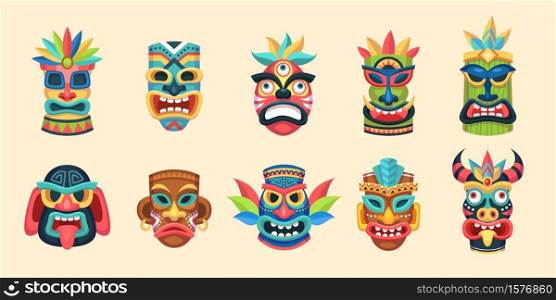 Tribal mask. Ethnic african, aztec and hawaiian ritual aboriginal face masks, traditional exotic indian wooden symbols, ancient tropical ritual totem religion idol vector colorful isolated set. Tribal mask. Ethnic african, aztec and hawaiian ritual aboriginal face masks, traditional indian wooden symbols, ancient ritual totem religion idol vector colorful isolated set