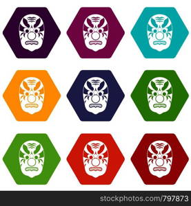 Tribal mask icon set many color hexahedron isolated on white vector illustration. Tribal mask icon set color hexahedron