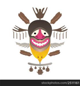 Tribal Mask with feather and fish. Vector illustration. Isolated on white background.