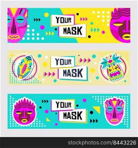 Tribal masks banner design set. Traditional decoration, tropical souvenir in boho style vector illustration with text s&les. Template for retail flyers or online shop brochures