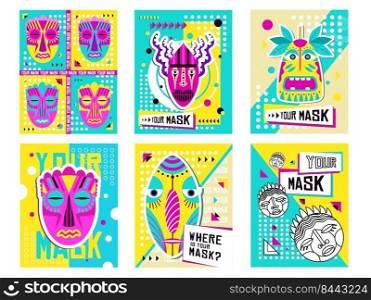 Tribal masks greeting cards design set. Traditional decoration, souvenir in boho style vector illustration with text s&les. Template for tropical party invitation cards or flyers