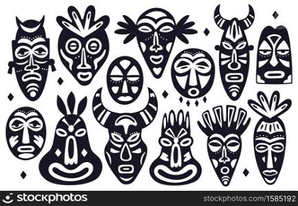 Tribal masks silhouettes. African ancient totem religion face masks, hand drawn hawaii ethnic face masks, ritual masks vector illustration set of different shape, black and white objects. Tribal masks silhouettes. African ancient totem religion face masks, hand drawn hawaii ethnic face masks, ritual masks vector illustration set