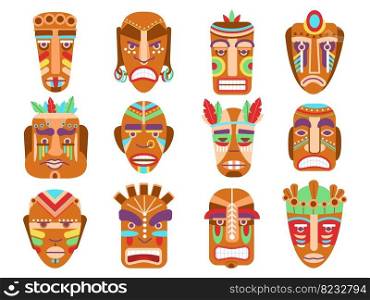Tribal masks. Tiki idols, ethnic totem mask. Isolated ancient african wooden warriors symbols. Cartoon traditional maya culture decent vector elements. Illustration of ethnic tiki and aztec. Tribal masks. Tiki idols, ethnic totem mask. Isolated ancient african wooden warriors symbols. Cartoon traditional maya culture decent vector elements