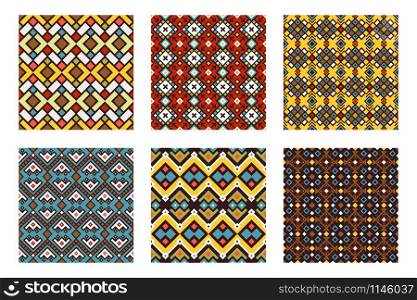 Tribal ornament pattern set. Colored mexican culture textures or color tribal ornamental seamless patterns. Tribal ornament colored pattern set
