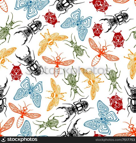 Tribal ornamental insects seamless background with colorful pattern of butterflies and bees, ladybugs and wasps, stag beetles and fireflies, adorned by swirling elements. Tribal insects seamless pattern background