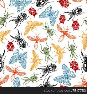 Tribal ornamental insects seamless background with colorful pattern of butterflies and bees, ladybugs and wasps, stag beetles and fireflies, adorned by swirling elements. Tribal insects seamless pattern background