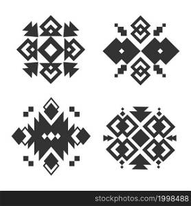 Tribal ornaments. Abstract ethnic black silhouette, decorative native art elements for decor and design, geometric style oriental objects, vintage logo or print vector isolated on white background set. Tribal ornaments. Abstract ethnic black silhouette, decorative native art elements for decor and design, geometric style oriental objects, vintage logo or print vector isolated set