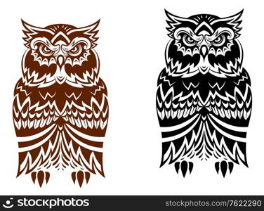 Tribal owl with decorative ornament isolated on white background