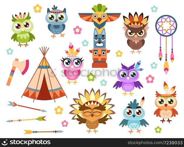 Tribal owls. Cute indian owl characters with ethnic ornament and feathers, wigwam and axe colored pattern tribal birds, kids cartoon vector isolated set. Tribal owls. Cute indian owl characters with ethnic ornament and feathers colored pattern tribal birds, kids cartoon vector set