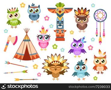 Tribal owls. Cute indian owl characters with ethnic ornament and feathers, wigwam and axe colored pattern tribal birds, kids cartoon vector isolated set. Tribal owls. Cute indian owl characters with ethnic ornament and feathers colored pattern tribal birds, kids cartoon vector set
