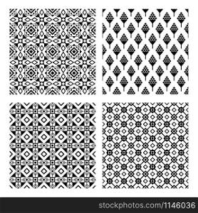 Tribal patterns on white. Primitive seamless mexican or aztec indian pattern set, folk black vector textures. Tribal seamless black pattern set