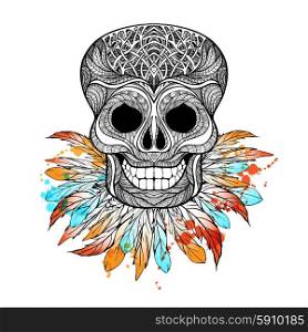 Tribal skull with decorative ornament and color feathers hand drawn vector illustration. Tribal Skull With Feathers