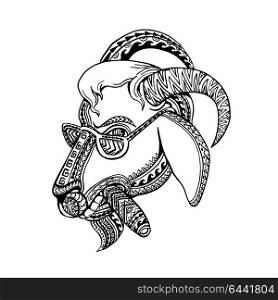 Tribal tattoo style illustration of head of a goat smoking cigar and wearing sunglasses with bighorn done inblack and white.. Goat Cigar Tribal Tattoo Style