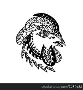Tribal tattoo style illustration of head of a rooster, chicken or a young cockerel, a  male gallinaceous bird viewed from side on isolated background in black and white.. Rooster Head Tribal Tattoo Style