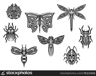 Tribal tattoos set with ornamental elements of insects for design