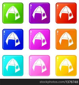 Tribal tent icons set 9 color collection isolated on white for any design. Tribal tent icons set 9 color collection