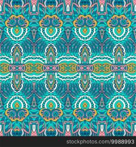 Tribal vintage abstract geometric ethnic seamless boho pattern ornamental. Blue and green colors textile design. Ethnic boho seamless pattern.