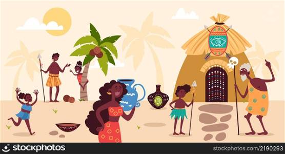 Tribe african people. Cute family. Happy parents, children and grandfather in national clothes, landscape with hut and palm trees, household ethnic tool, vector cartoon flat style isolated concept. Tribe african people. Cute family. Happy parents, children and grandfather in national clothes, landscape with hut and palm trees, household ethnic tool, vector cartoon isolated concept
