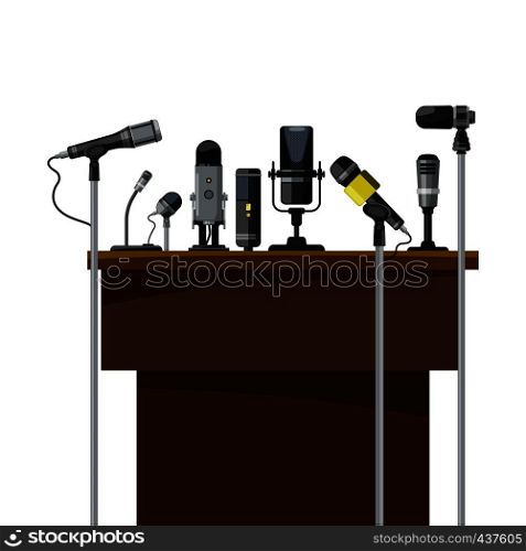 Tribune for speakers and different microphones. Conference visualization. Conference speech presentation on rostrum or tribune, vector illustration. Tribune for speakers and different microphones. Conference visualization
