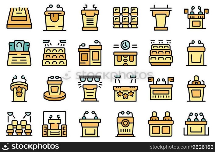 Tribune icons set outline vector. Podium speech. Stage wooden thin line color flat on white isolated. Tribune icons set vector line color