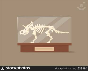 Triceratops in glass showcase cartoon vector illustration. Museum of paleontology exhibit. Dinosaur skeleton flat color object. Prehistoric predator bones on pedestal isolated on brown background. Triceratops in glass showcase cartoon vector illustration