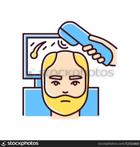 Trichoscopy RGB color icon. Hairloss treatment. Scalp and hair disease diagnosis. Male alopecia. Hairloss professional aid. Dermatology evaluation, medicine. Isolated vector illustration