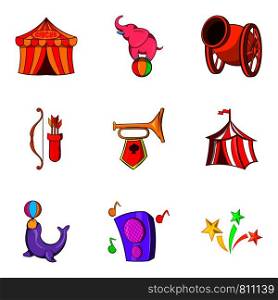 Trick icons set. Cartoon set of 9 trick vector icons for web isolated on white background. Trick icons set, cartoon style