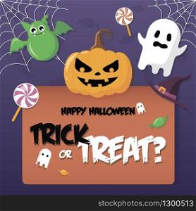 Trick or treat banner. Happy halloween banner with a pumpkin, a bat, sweets, candies, ghosts.. Happy halloween banner with a pumpkin, a bat, sweets, candies, ghosts