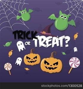 Trick or treat banner. Happy halloween banner with a pumpkin, a bat, sweets, candies, ghosts.. Trick or treat banner. Happy halloween banner with a pumpkin, a bat, sweets, candies