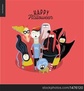 Trick or treat group of children, greeting card with lettering Halloween Party. Vector cartoon illustrated group of kids wearing Halloween costumes and a french bulldog, scared by something.. trick or treat group of children