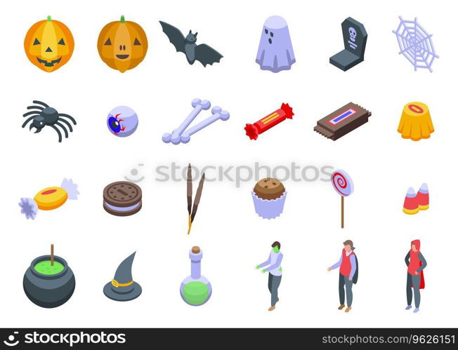 Trick-or-treat icons set isometric vector. Happy party. Treat costume. Trick-or-treat icons set isometric vector. Happy party