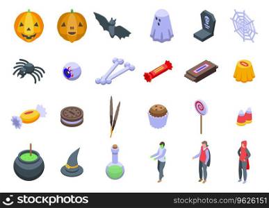 Trick-or-treat icons set isometric vector. Happy party. Treat costume. Trick-or-treat icons set isometric vector. Happy party