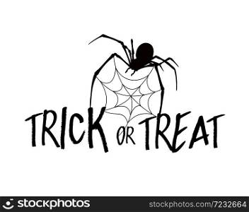 Trick or Treat lettering design. Holiday calligraphy with spider and web, isolated on white background. Happy Halloween concept. For poster, banner, greeting card, invitation.
