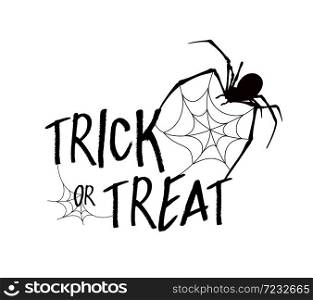 Trick or Treat lettering design. Holiday calligraphy with spider and web, isolated on white background. Happy Halloween concept. For poster, banner, greeting card, invitation.