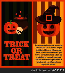 Trick or treat poster with text and icons of pot with potion and bubbles, skull and orange pumpkin near it, witch hat vector illustration. Trick or Treat Poster and Text Vector Illustration