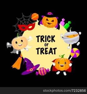 Trick or treat with set of cute cartoon pumpkin character. Happy Halloween day concept with mummy, witch, ghost and candy. Illustration on black background.