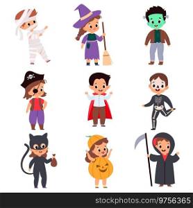Trick or treating kids. Cartoon boys and girls in festival costumes. Halloween horror outfits. Isolated skeleton and pirate, reaper or v&ire. Little monsters celebrating autumn holiday, vector set. Trick or treating kids. Cartoon boys and girls in festival costumes. Halloween outfits. Isolated skeleton and pirate, reaper or v&ire. Monsters celebrating autumn holiday, vector set