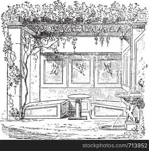 Triclinium the house of Sallust, vintage engraved illustration. Private life of Ancient-Antique family-1881.