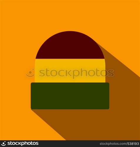 Tricolor rasta cap icon in flat style on yellow background. Jamaican hat. Tricolor rasta cap icon, flat style