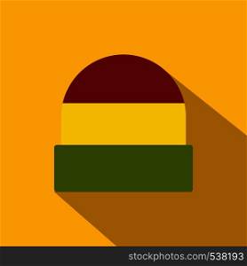 Tricolor rasta cap icon in flat style on yellow background. Jamaican hat. Tricolor rasta cap icon, flat style